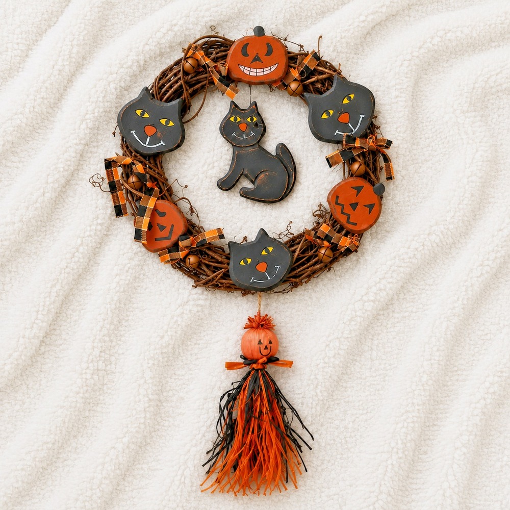 VTG Halloween Rustic Folk Art Wreath Black Cats Pumpkins Jack O Lantern Orange